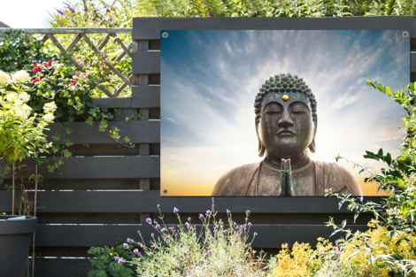 Tuinposter - Boeddha hoofd - Buddha - Lucht - Spiritueel - Meditatie - Liggend-2