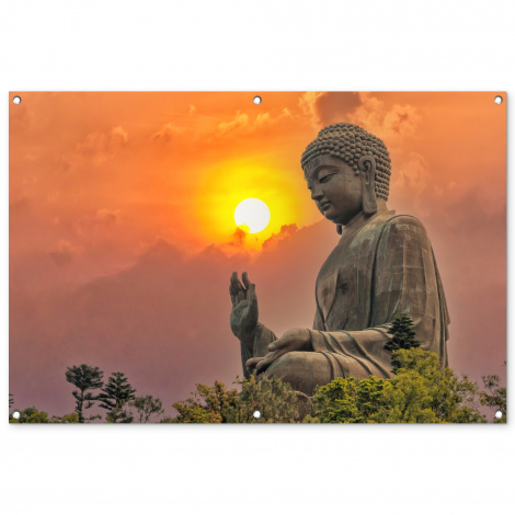 Tuinposter - Buddha - Zonsondergang - Boeddha beelden - Planten - Liggend-thumbnail-1
