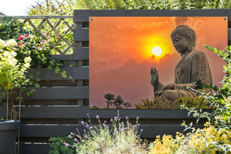 Tuinposter - Buddha - Zonsondergang - Boeddha beelden - Planten - Liggend-2