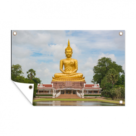 Tuinposter - Boeddha - Buddha beeld - Goud - Religie - Liggend-thumbnail-1