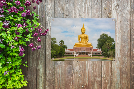 Tuinposter - Boeddha - Buddha beeld - Goud - Religie - Liggend-4