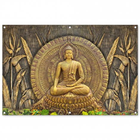 Tuinposter - Goud - Boeddha beeld - Spiritueel - Meditatie - Liggend-1
