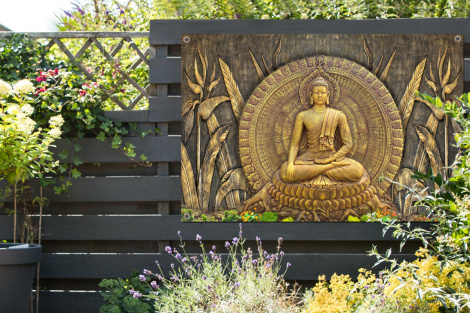 Tuinposter - Goud - Boeddha beeld - Spiritueel - Meditatie - Liggend-thumbnail-2