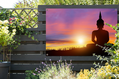 Tuinposter - Zonsondergang - Horizon - Boeddha beeld - Buddha - Silhouette - Liggend-thumbnail-2