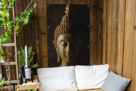 Tuinposter - Buddha - Boeddha beeld - Goud - Spiritueel - Zwart - Staand-4
