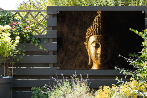 Tuinposter - Buddha - Boeddha beeld - Goud - Spiritueel - Zwart - Liggend-2