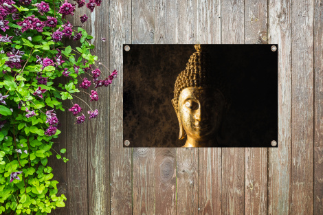 Tuinposter - Buddha - Boeddha beeld - Goud - Spiritueel - Zwart - Liggend-4