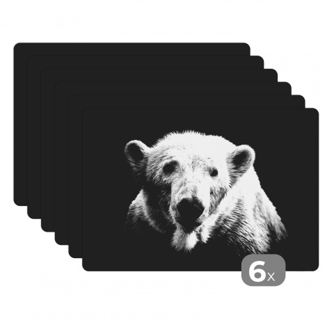 Premium placemats (6 stuks) - Portretfoto ijsbeer op zwarte achtergrond in zwart-wit - 45x30 cm-1