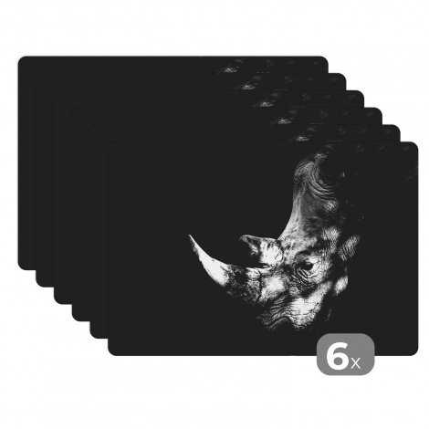 Premium placemats (6 stuks) - Neushoorn op zwarte achtergrond in zwart-wit - 45x30 cm-1