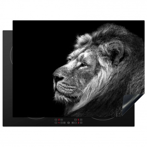 Herdabdeckplatte Löwe gegen schwarzen Hintergrund in schwarz und weiß