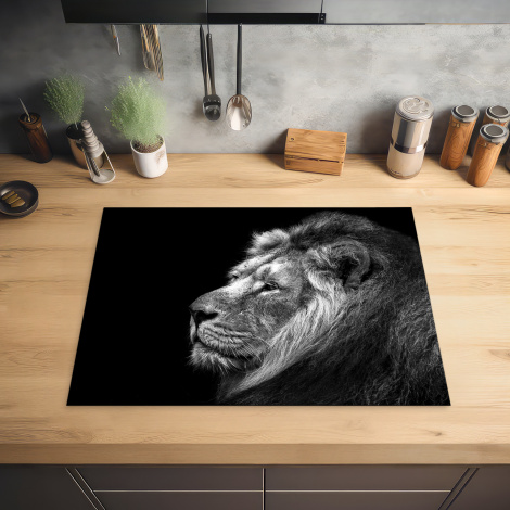Herdabdeckplatte Löwe gegen schwarzen Hintergrund in schwarz und weiß-2
