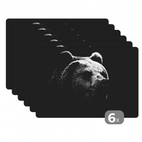 Premium placemats (6 stuks) - Kamtsjatkabeer op zwarte achtergrond in zwart-wit - 45x30 cm-thumbnail-1