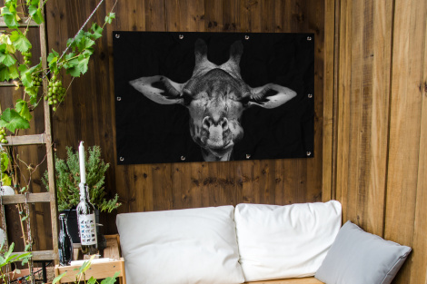 Tuinposter - Giraffe - Portret - Dieren - Zwart - Wit - Liggend-3