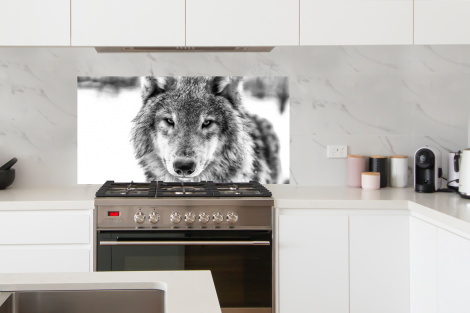 Spatscherm keuken - Dierenprofiel wolf in zwart-wit-thumbnail-4