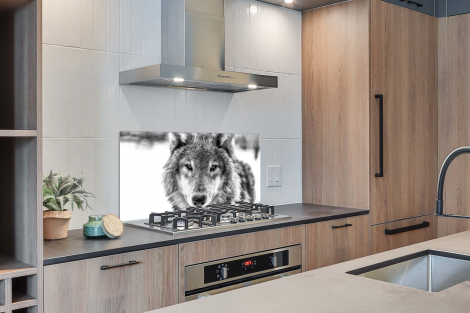 Spatscherm keuken - Dierenprofiel wolf in zwart-wit-2