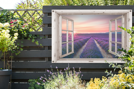 Tuinposter - Doorkijk - Lavendel - Bloemen - Hout - Zonsondergang - Paars - Liggend-thumbnail-2