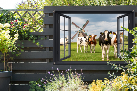 Tuinposter - Doorkijk - Koe - Molen - Koeien - Weiland - Gras - Groen - Liggend-2