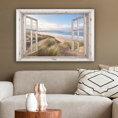 Leinwandbild - Durchblick - Strand - Meer - Dünen - Strandhafer - Sand - Blau-2