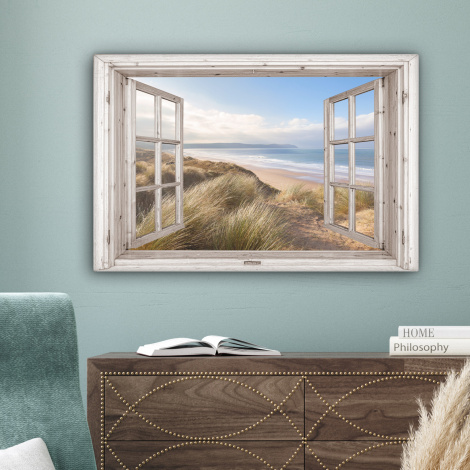 Leinwandbild - Durchblick - Strand - Meer - Dünen - Strandhafer - Sand - Blau-4