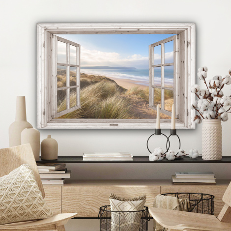Leinwandbild - Durchblick - Strand - Meer - Dünen - Strandhafer - Sand - Blau-3