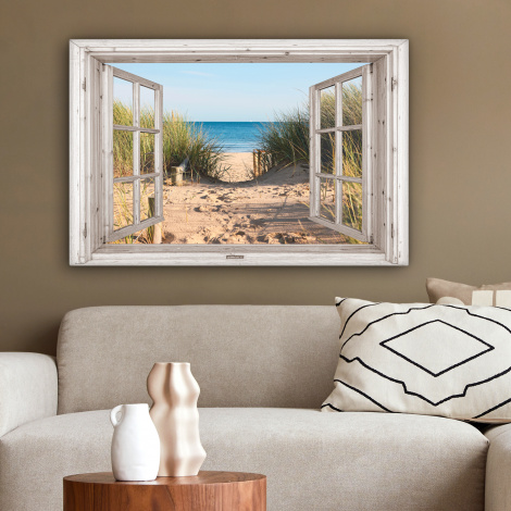 Canvas schilderij - Doorkijk - Strand - Zee - Duinen - Zand - Water - Helmgras-2