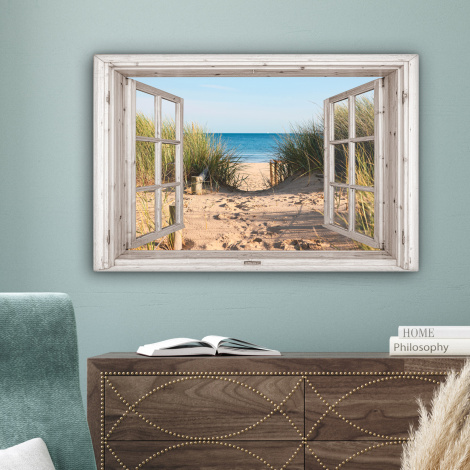 Canvas schilderij - Doorkijk - Strand - Zee - Duinen - Zand - Water - Helmgras-4