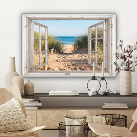 Canvas schilderij - Doorkijk - Strand - Zee - Duinen - Zand - Water - Helmgras-3