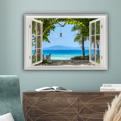 Leinwandbild - Durchblick - Baum - Meer - Palme - Hügel - Strand - Blau-4
