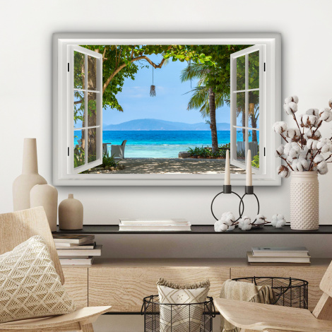 Leinwandbild - Durchblick - Baum - Meer - Palme - Hügel - Strand - Blau-3