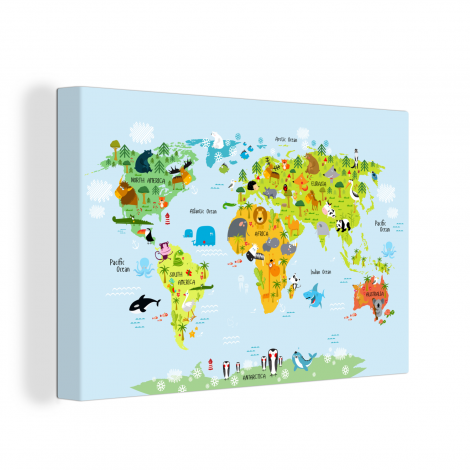 Canvas - Wereldkaart - Kinderen - Dieren - Natuur