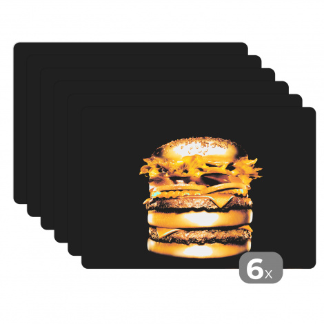 Premium placemats (6 stuks) - Gouden hamburger op een zwarte achtergrond. - 45x30 cm
