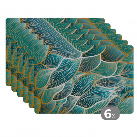 Premium placemats (6 stuks) - Gouden golven op een blauwe achtergrond - 45x30 cm