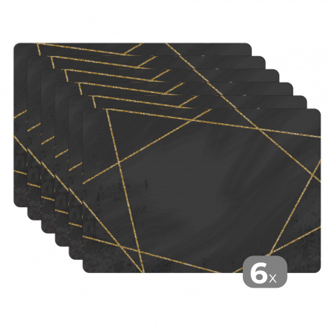 Premium placemats (6 stuks) - Geometrisch patroon van gouden lijnen op een zwarte achtergrond - 45x30 cm