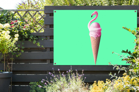 Tuinposter - IJshoorntjes - IJs - Flamingo - Roze - Groen - Liggend-2