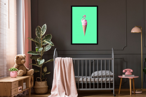 Poster met lijst - IJshoorntjes - IJs - Flamingo - Roze - Groen - Staand-3