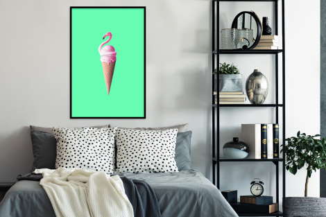 Poster met lijst - IJshoorntjes - IJs - Flamingo - Roze - Groen - Staand-4