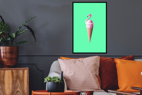 Poster met lijst - IJshoorntjes - IJs - Flamingo - Roze - Groen - Staand-2