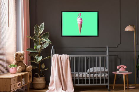 Poster met lijst - IJshoorntjes - IJs - Flamingo - Roze - Groen - Liggend-3