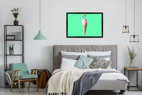 Poster met lijst - IJshoorntjes - IJs - Flamingo - Roze - Groen - Liggend-4