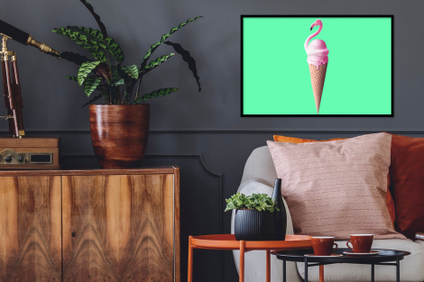 Poster met lijst - IJshoorntjes - IJs - Flamingo - Roze - Groen - Liggend-2