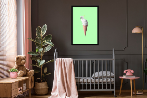 Poster met lijst - Papegaai - IJshoorntjes - IJs - Wit - Groen - Staand-3