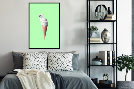 Poster met lijst - Papegaai - IJshoorntjes - IJs - Wit - Groen - Staand-4