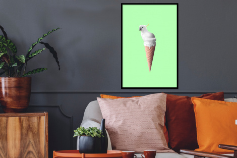 Poster met lijst - Papegaai - IJshoorntjes - IJs - Wit - Groen - Staand-2