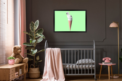 Poster met lijst - Papegaai - IJshoorntjes - IJs - Wit - Groen - Liggend-3
