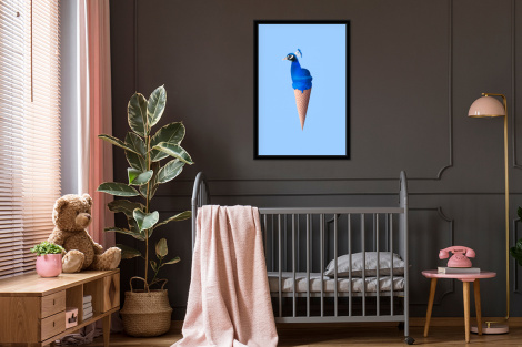Poster met lijst - Pauw - IJshoorntjes - IJs - Blauw - Vogel - Staand-3