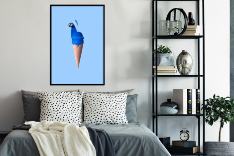 Poster met lijst - Pauw - IJshoorntjes - IJs - Blauw - Vogel - Staand-4
