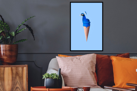 Poster met lijst - Pauw - IJshoorntjes - IJs - Blauw - Vogel - Staand-2