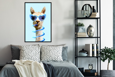 Poster met lijst - Lama - Zonnebril - Blauw - Dier - Staand-4