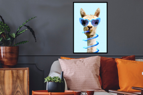 Poster met lijst - Lama - Zonnebril - Blauw - Dier - Staand-2