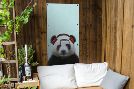 Tuinposter - Panda - Koptelefoon - Dier - Muzieknoten - Rood - Staand-4